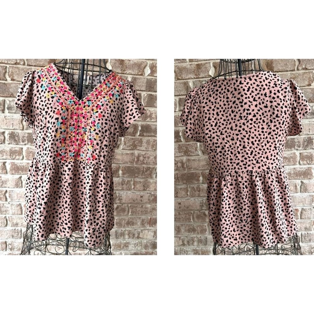 Savanna Jane Leopard Print Blouse Sz S Embroidered Artsy Flowy Sleeves Boho Fest - Picture 4 of 12